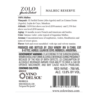 Zolo Gaucho Select Reserve Malbec 750ml