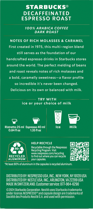 Starbucks By Nespresso Decaffeinated Espresso Roast 10ct Capsules