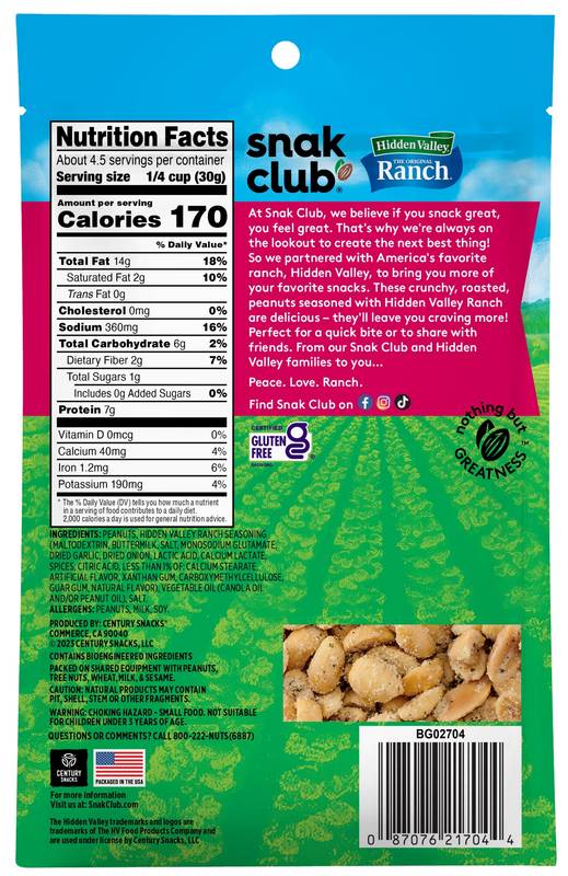 Snak Club Hidden Valley Ranch Peanuts, 4.5oz