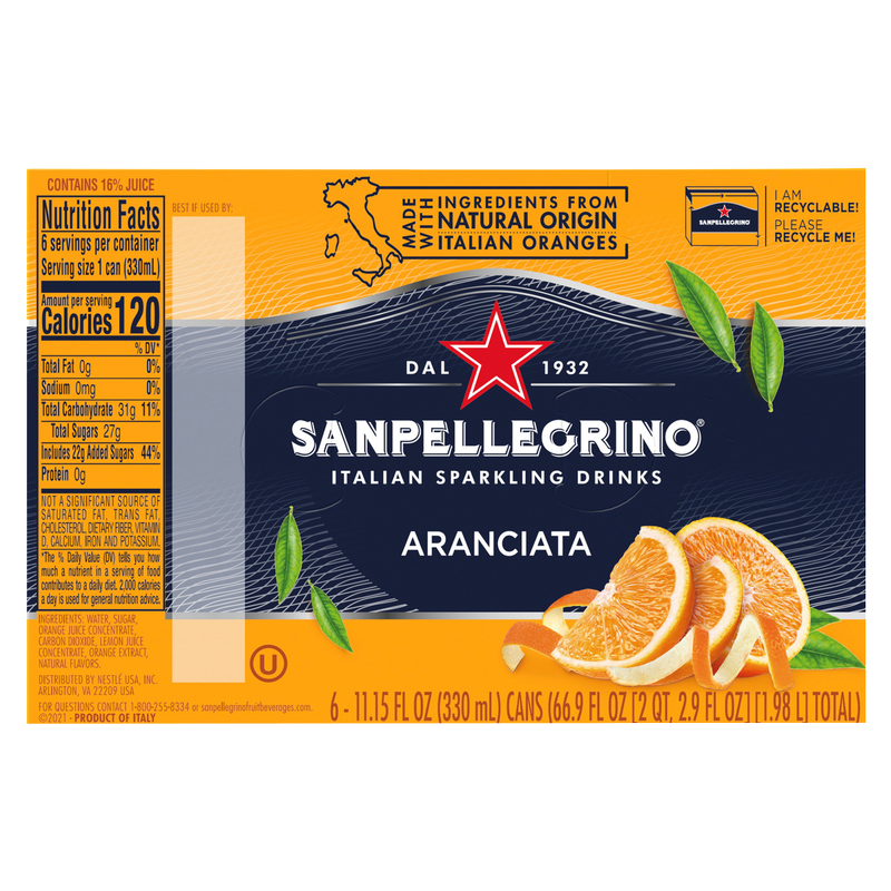San Pellegrino Italian Sparkling Drink Aranciata Orange 6pk 330ml Can
