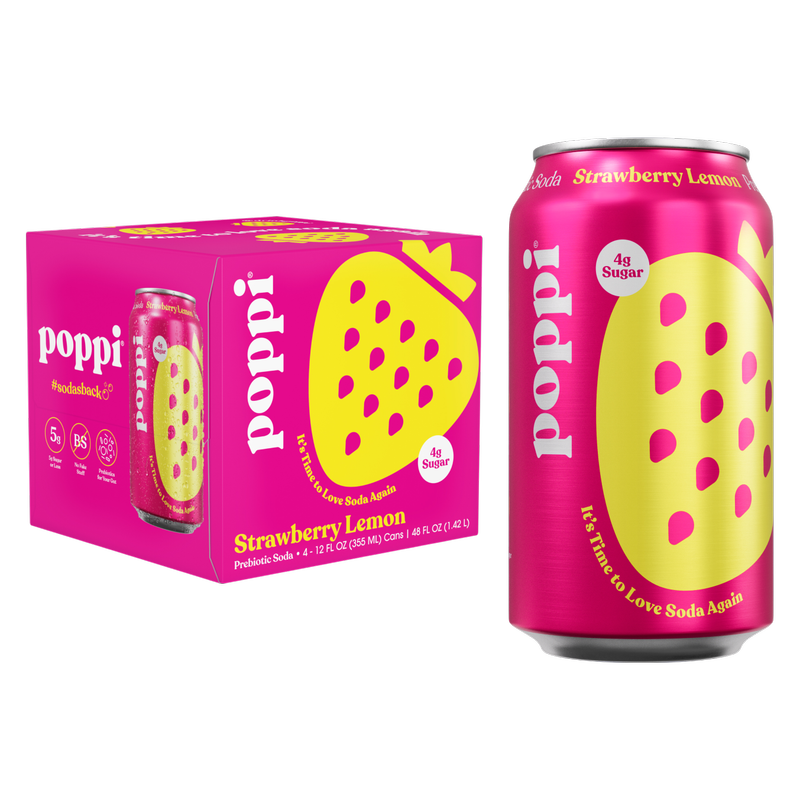 Poppi Prebiotic Soda Strawberry Lemon 4pk 12oz Can- XL
