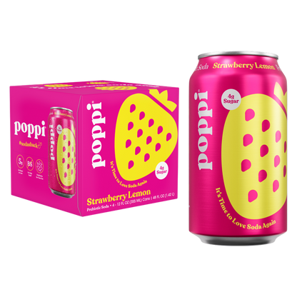 Poppi Prebiotic Soda Strawberry Lemon 4pk 12oz Can- XL