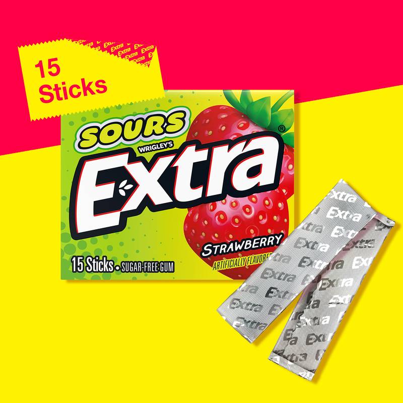 EXTRA SOURS Strawberry Sugar Free Chewing Gum, 15 Stick Pack