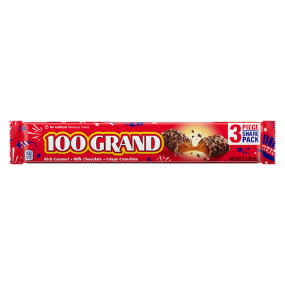 100 Grand, Crispy Milk Chocolate with Caramel, 3 piece Share Pack Candy Bars, 2.2 oz