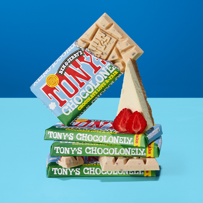 Tony's Chocolonely and Ben & Jerry's Love A-Fair White Chocolate Strawberry Cheesecake Bar 6.35oz