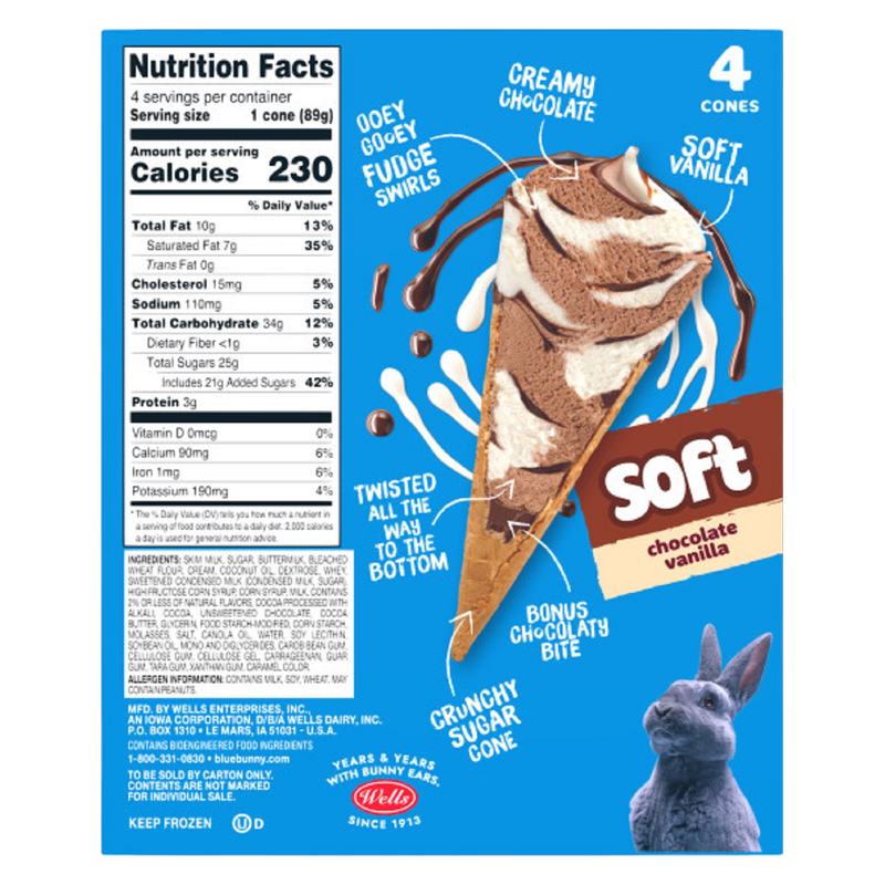 Blue Bunny Chocolate Vanilla Soft Cones, Frozen Dessert, 4 Pack