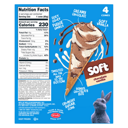 Blue Bunny Chocolate Vanilla Soft Cones, Frozen Dessert, 4 Pack