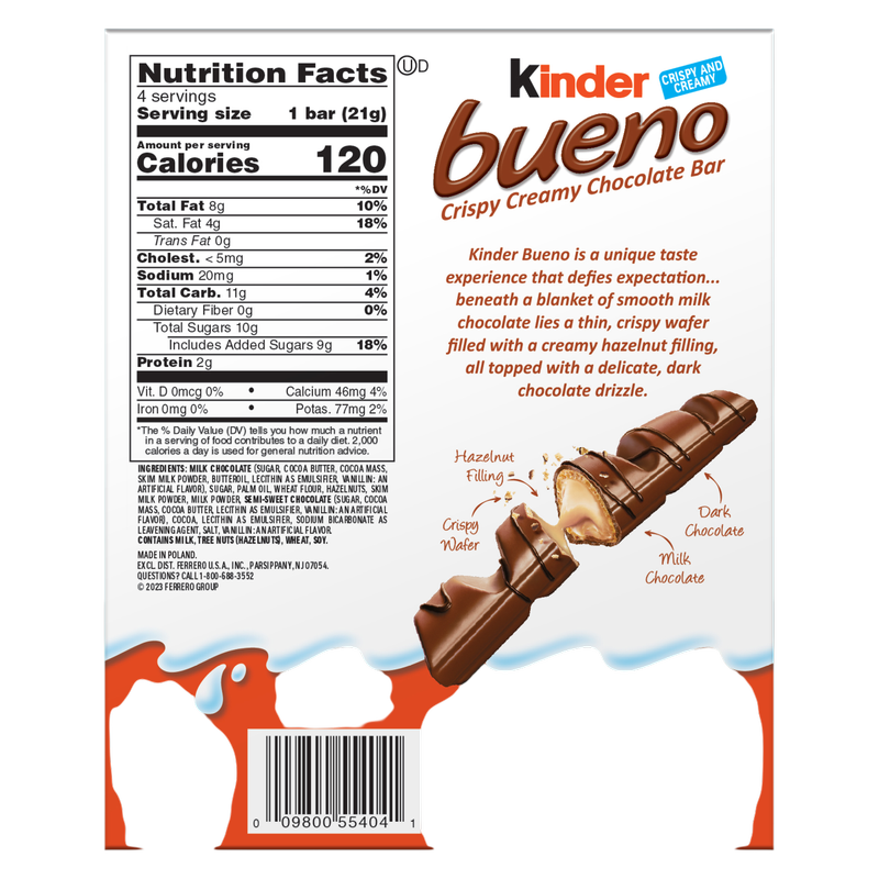 Kinder Bueno Milk Chocolate and Hazelnut Cream, 1 Pack, 4 Individually Wrapped Chocolate Bars, 3 oz