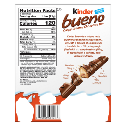 Kinder Bueno Milk Chocolate and Hazelnut Cream, 1 Pack, 4 Individually Wrapped Chocolate Bars, 3 oz