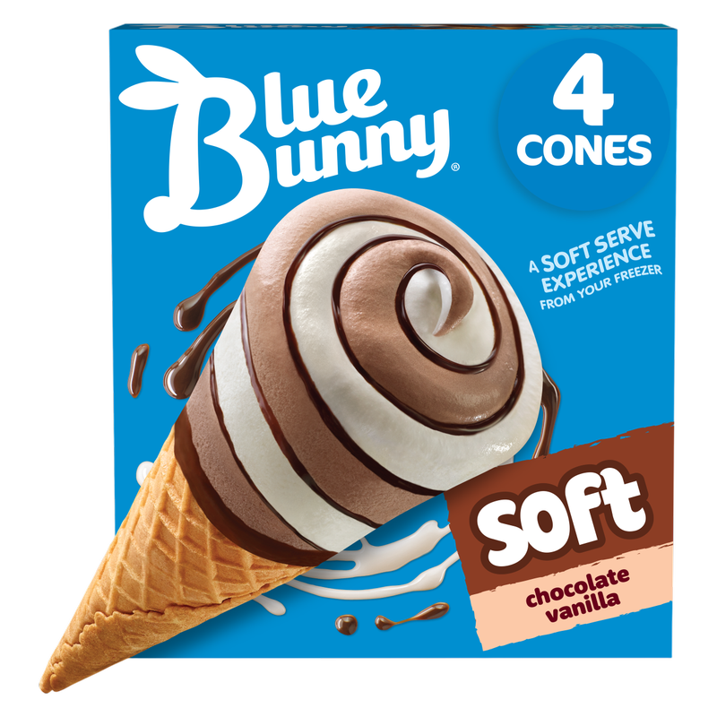 Blue Bunny Chocolate Vanilla Soft Cones, Frozen Dessert, 4 Pack