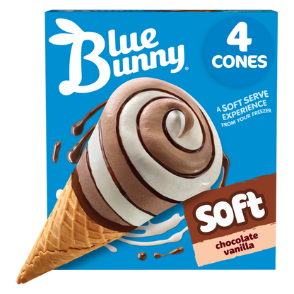 Blue Bunny Chocolate Vanilla Soft Cones, Frozen Dessert, 4 Pack