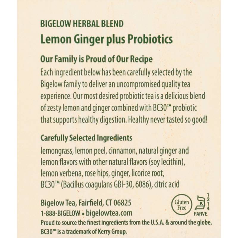 Bigelow Tea Lemon Ginger Plus Probiotic Caffeine Free Herbal Tea Bags 18ct Box