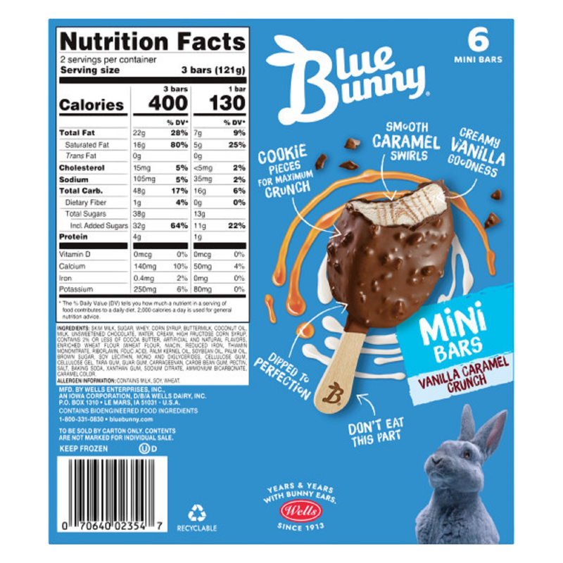 Blue Bunny Mini Bars Vanilla Caramel Crunch, Frozen Dessert, 6 Pack