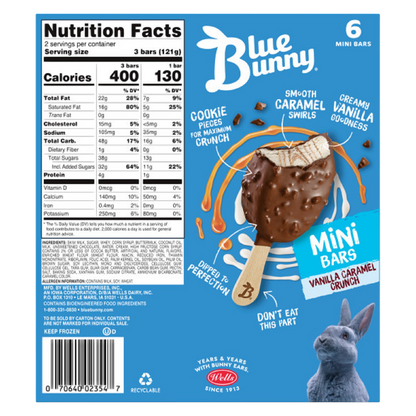 Blue Bunny Mini Bars Vanilla Caramel Crunch, Frozen Dessert, 6 Pack