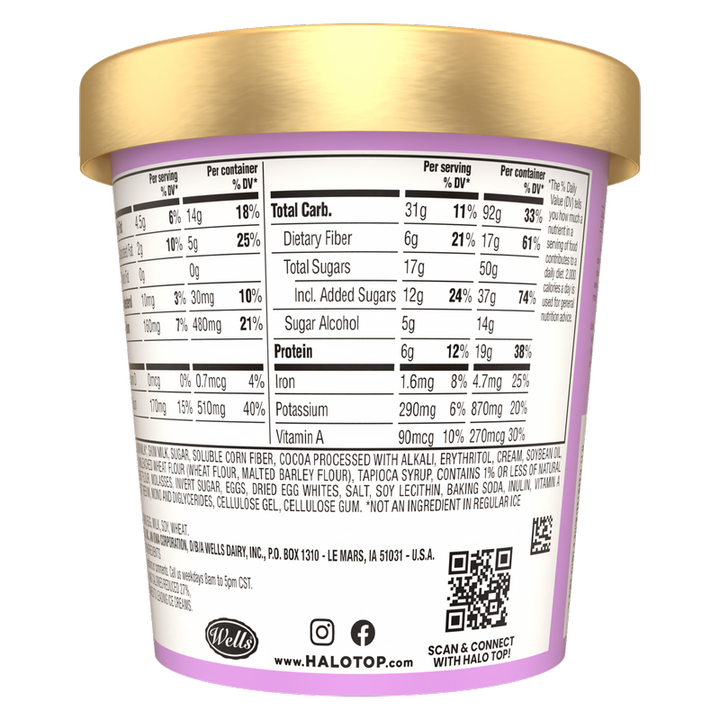 Halo Top Chocolate Fudge Brownie Light Ice Cream, Lower Calorie Frozen Dessert Pint, 16 fl oz