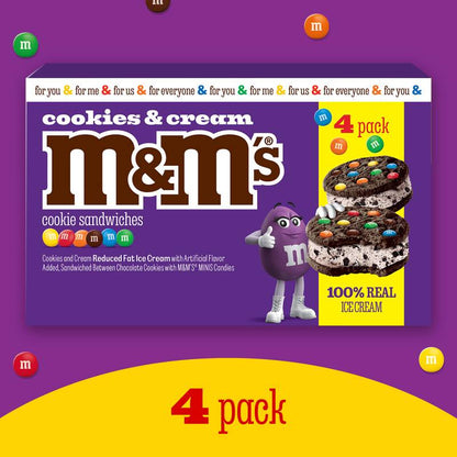 M&M'S Ice Cream Cookies and Cream Sandwiches, Reduced Fat Cookies and Cream Ice Cream Dessert Sandwich, 4ct
