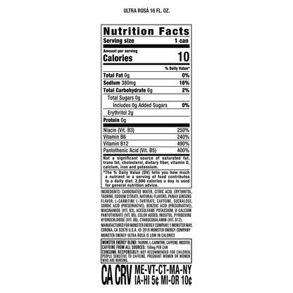 Monster Zero Ultra Rosa Energy 24pk 16oz Can- XL