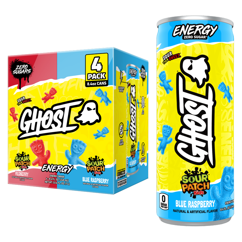 GHOST ENERGY Zero Sugar Sour Patch Kids Variety Pack Blue Rasberry and Redberry 4pk 8.4oz Can