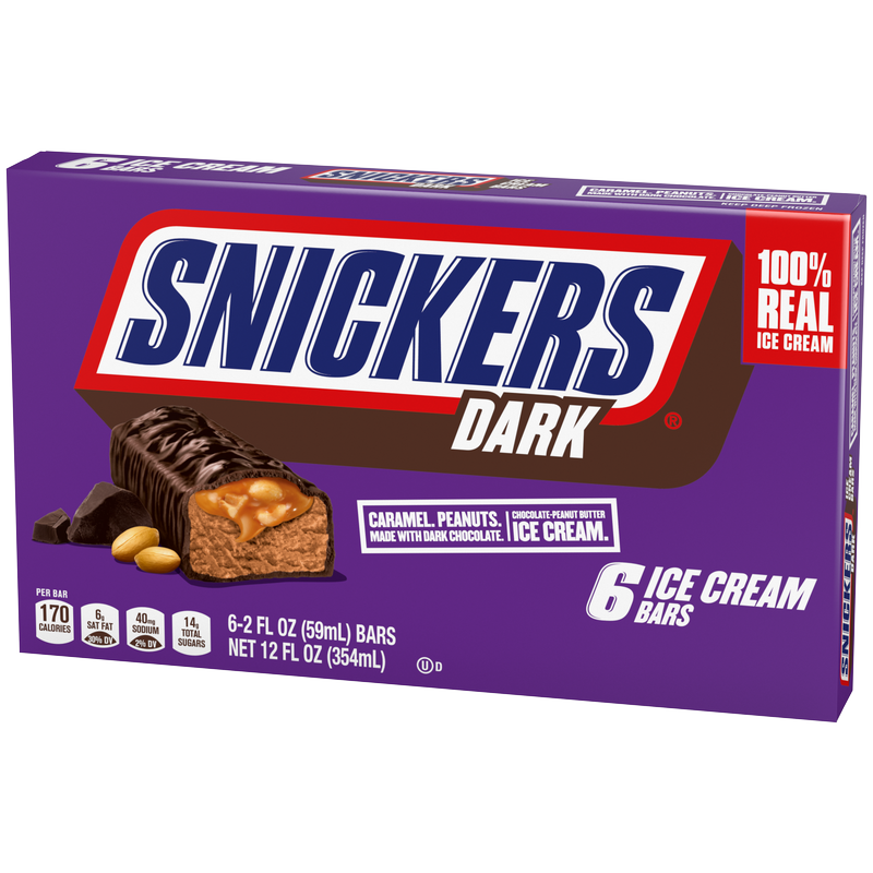 SNICKERS Ice Cream, Dark Chocolatey Peanut Butter Ice Cream Bars, 6ct