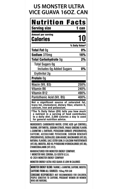 Monster Energy Ultra Vice Guava Energy Drink 16oz Can