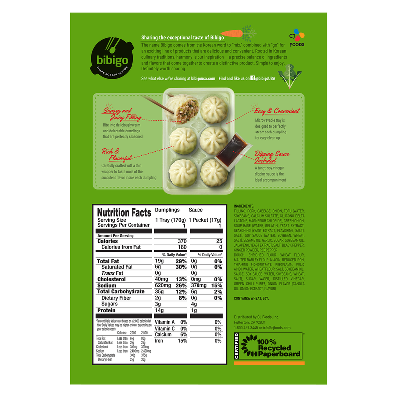 Bibigo Frozen Pork & Vegetable Steamed Dumplings 6.6oz