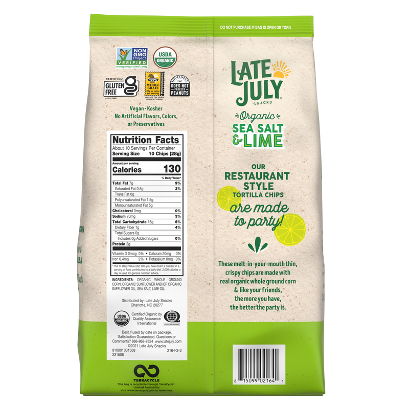 Late July Sea Salt and Lime Thin and Crispy Organic Tortilla Chips 10.1oz