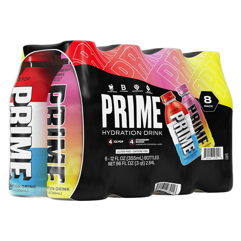 Prime Hydration Multipack Ice Pop and Strawberry Banana 8pk 12oz Btl