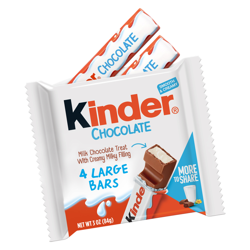 Kinder Chocolate, 4 Large Bars, Milk Chocolate Bar with Creamy Milky Filling, Individually Wrapped Candy, 3 oz Total