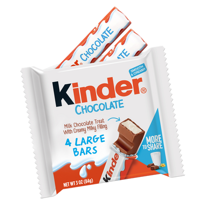 Kinder Chocolate, 4 Large Bars, Milk Chocolate Bar with Creamy Milky Filling, Individually Wrapped Candy, 3 oz Total