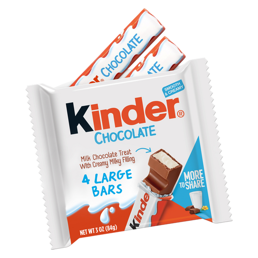 Kinder Chocolate, 4 Large Bars, Milk Chocolate Bar with Creamy Milky Filling, Individually Wrapped Candy, 3 oz Total