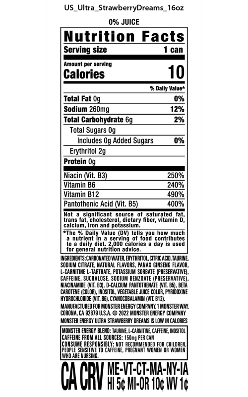 Monster Energy Ultra Strawberry Dreams Energy Drink 16oz Can