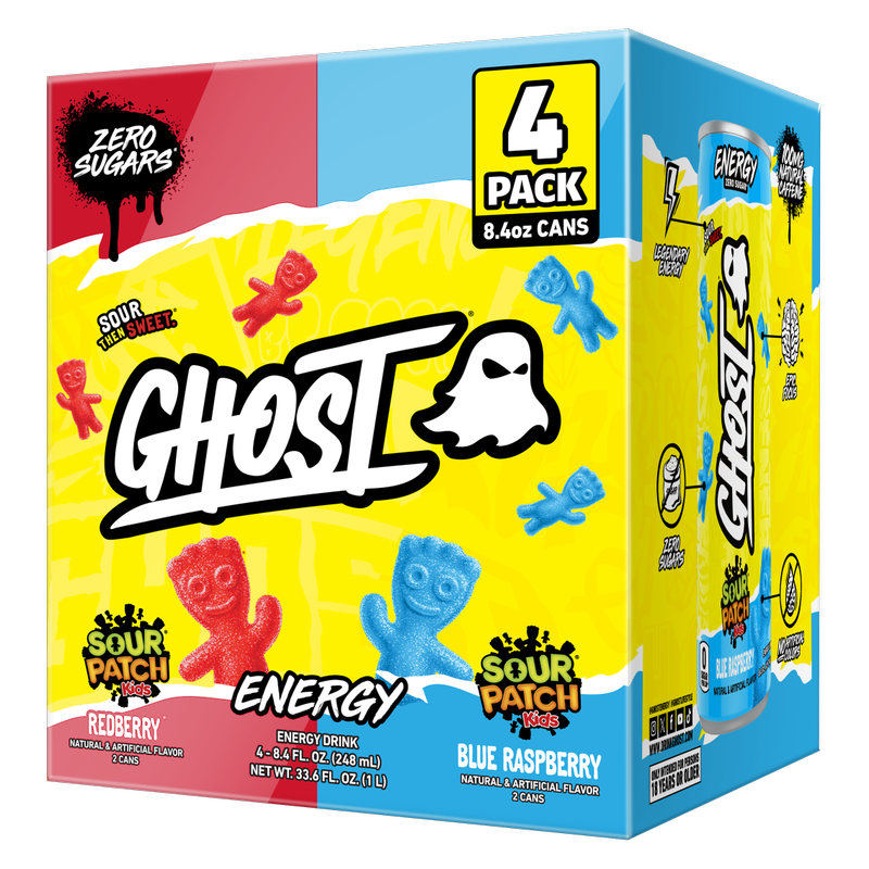 GHOST ENERGY Zero Sugar Sour Patch Kids Variety Pack Blue Rasberry and Redberry 4pk 8.4oz Can
