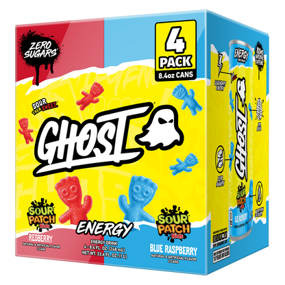 GHOST ENERGY Zero Sugar Sour Patch Kids Variety Pack Blue Rasberry and Redberry 4pk 8.4oz Can