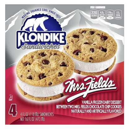 Klondike Mrs. Fields Cookie Ice Cream Sandwich, 4ct.