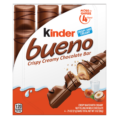 Kinder Bueno Milk Chocolate and Hazelnut Cream, 1 Pack, 4 Individually Wrapped Chocolate Bars, 3 oz