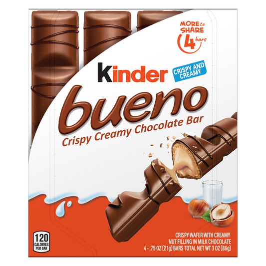 Kinder Bueno Milk Chocolate and Hazelnut Cream, 1 Pack, 4 Individually Wrapped Chocolate Bars, 3 oz