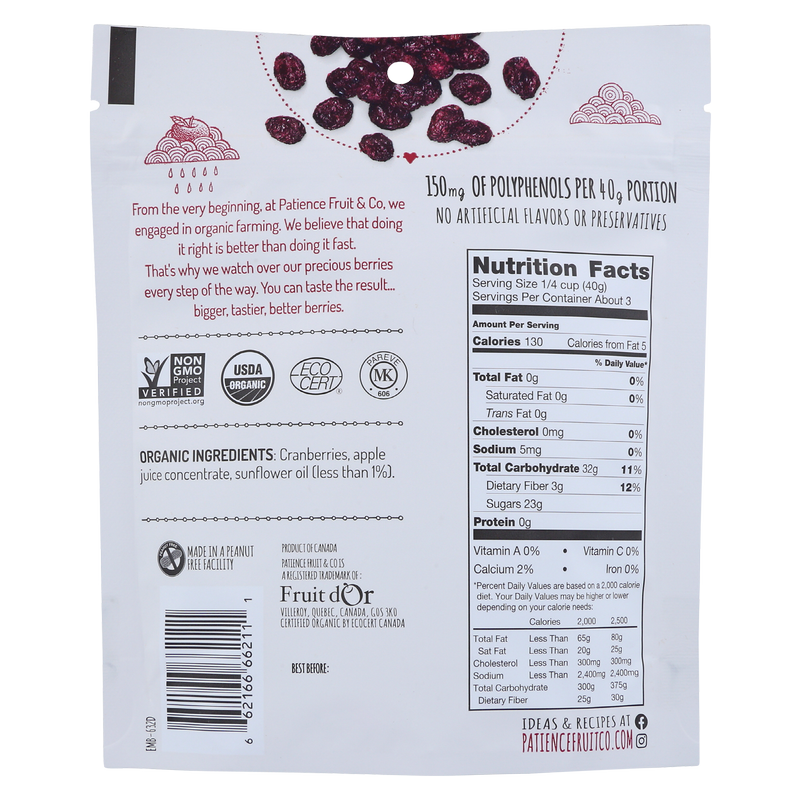 Patience Fruit & Co Organic Dried Cranberries with Apple Juice 4oz