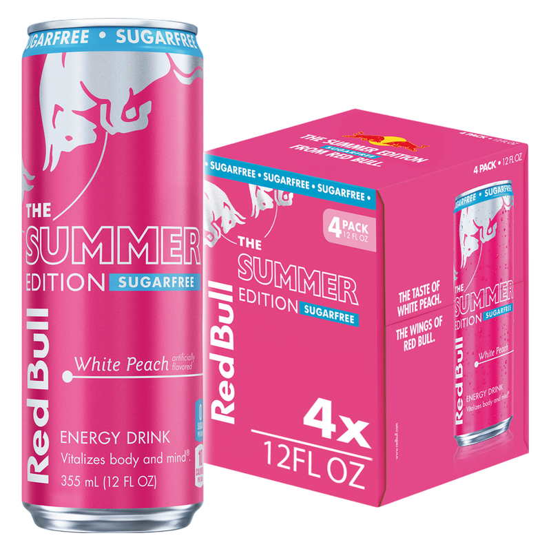Red Bull Sugar Free White Peach The Summer Edition Energy Drink 4pk 12oz Can- XL