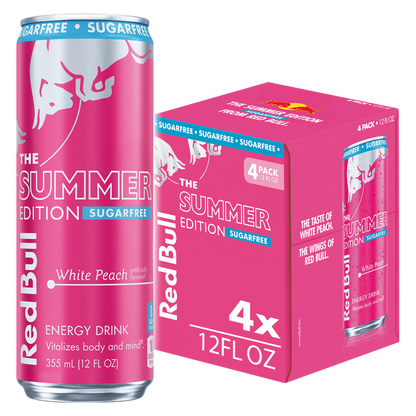 Red Bull Sugar Free White Peach The Summer Edition Energy Drink 4pk 12oz Can- XL