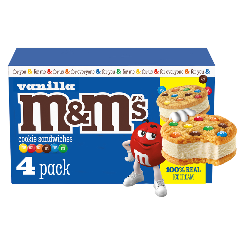 M&M'S Vanilla Ice Cream Cookie Sandwiches, Reduced Fat Vanilla Ice Cream Dessert Cookie Sandwich, 4ct