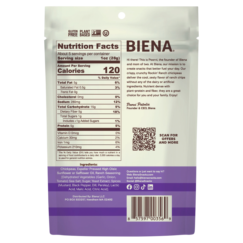Biena Rockin' Ranch Chickpea Snacks 5oz
