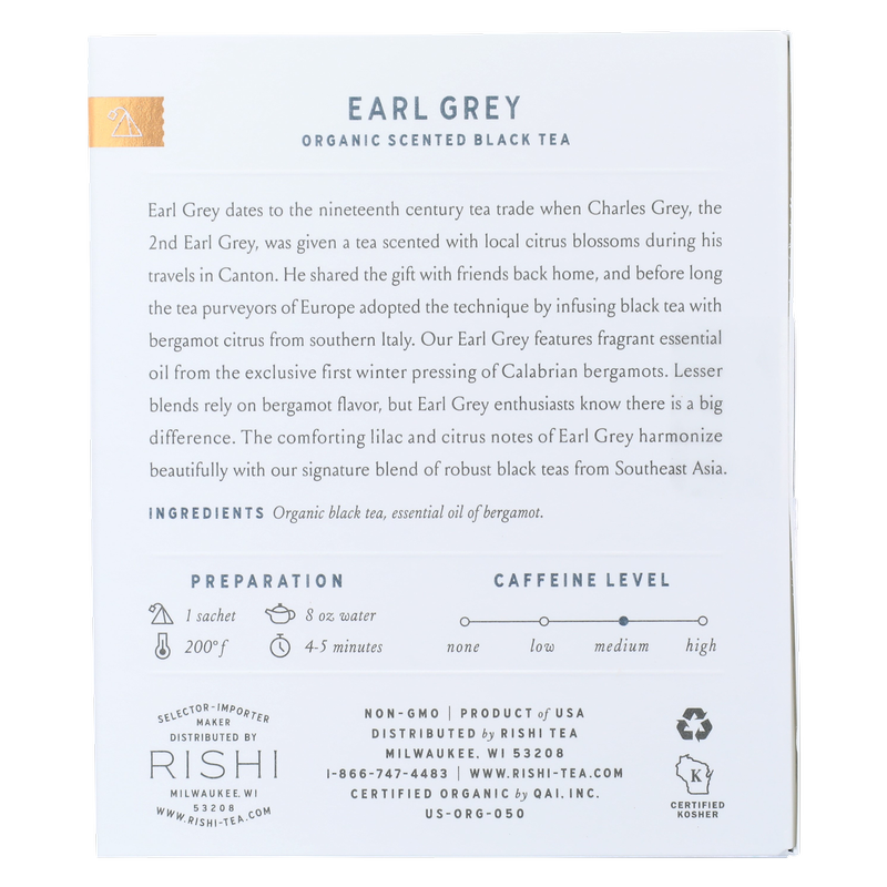 Rishi Tea Organic Earl Grey Sachets 15ct Box