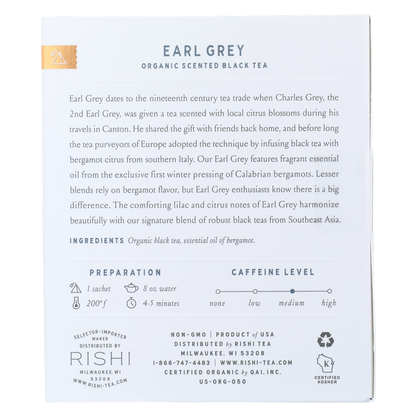 Rishi Tea Organic Earl Grey Sachets 15ct Box
