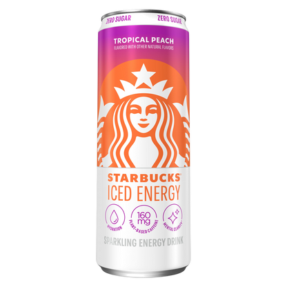 Starbucks Iced Energy Zero Sugar Sparkling Energy Drink Tropical Peach 12oz Can
