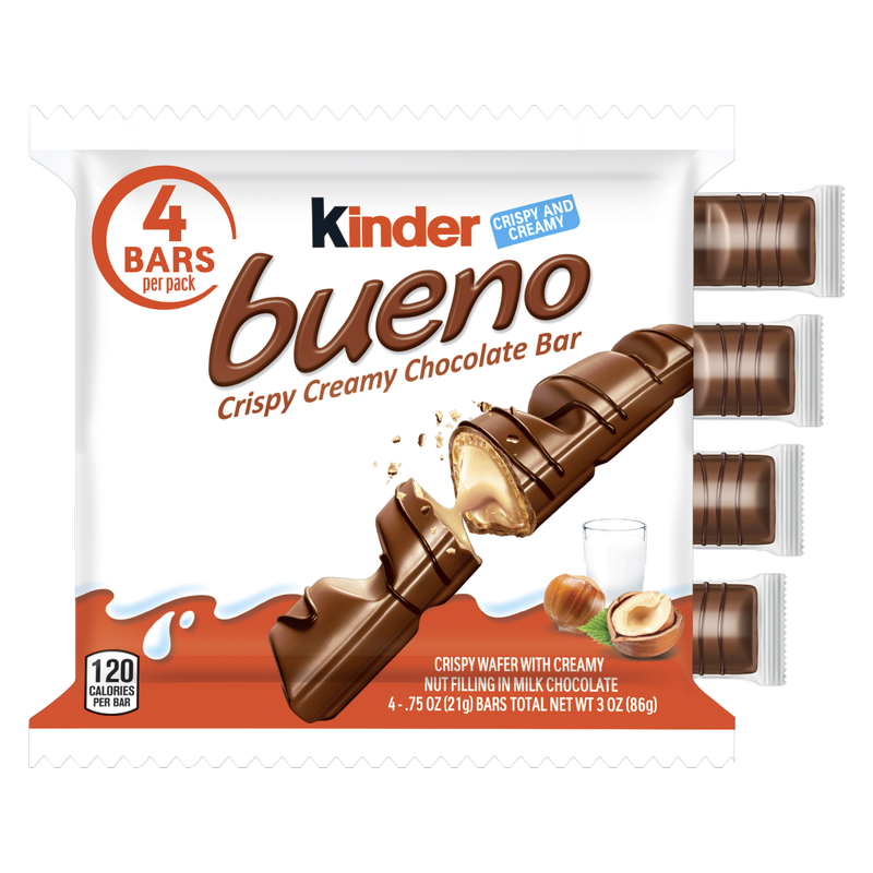 Kinder Bueno Milk Chocolate and Hazelnut Cream, 4 Chocolate Bars, 0.75 oz Each