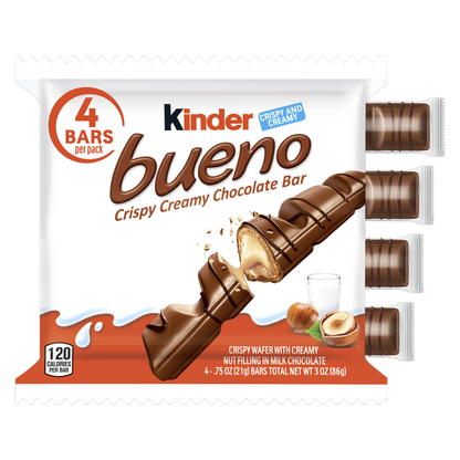 Kinder Bueno Milk Chocolate and Hazelnut Cream, 4 Chocolate Bars, 0.75 oz Each