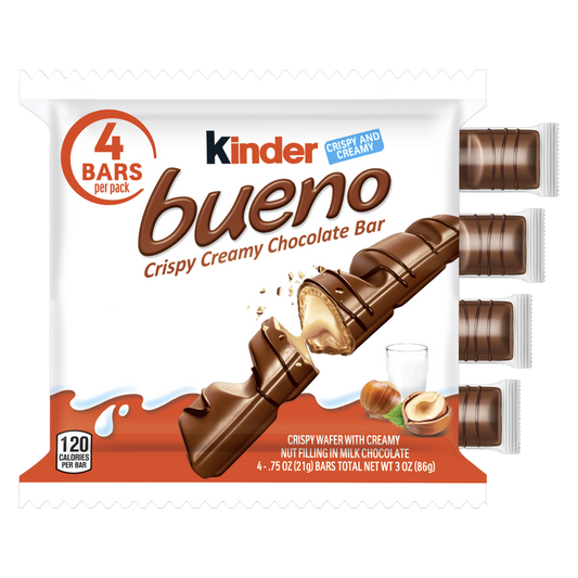 Kinder Bueno Milk Chocolate and Hazelnut Cream, 4 Chocolate Bars, 0.75 oz Each