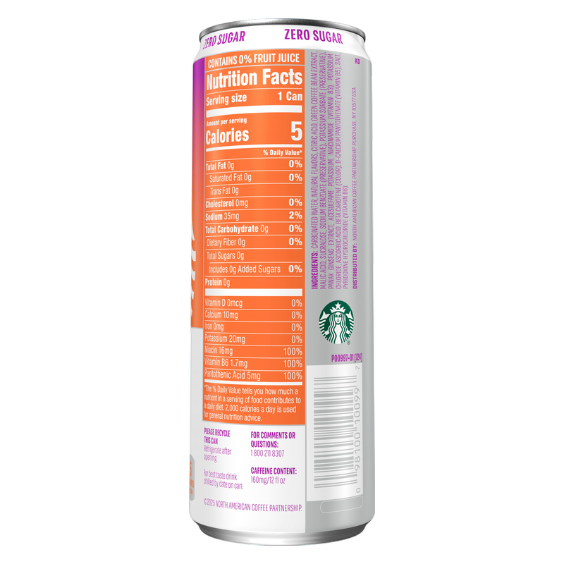 Starbucks Iced Energy Zero Sugar Sparkling Energy Drink Tropical Peach 12oz Can