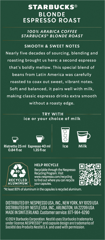 Starbucks By Nespresso Blonde Espresso Roast 10ct Capsules