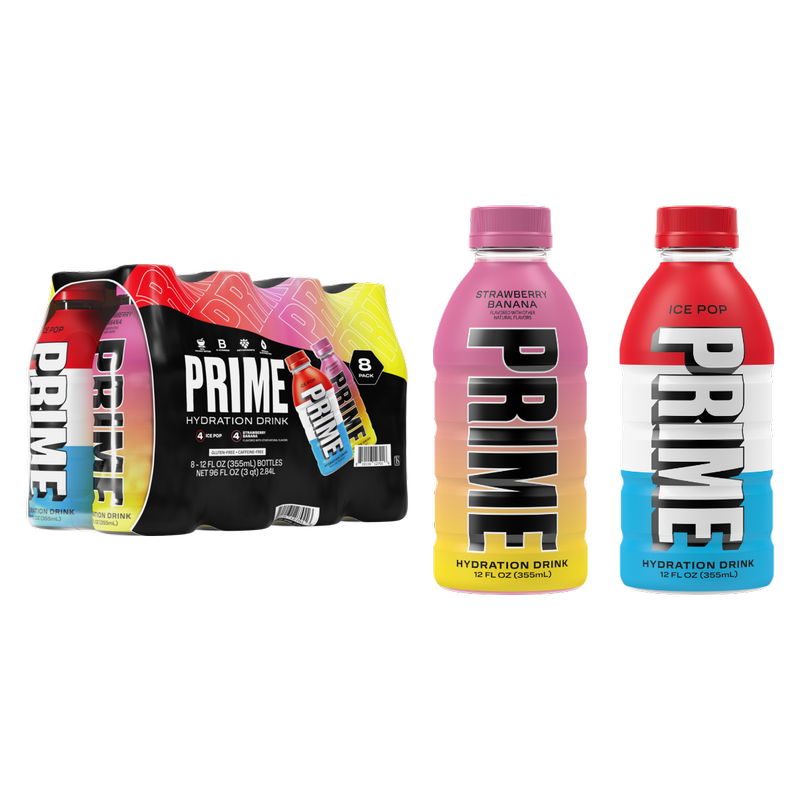 Prime Hydration Multipack Ice Pop and Strawberry Banana 8pk 12oz Btl